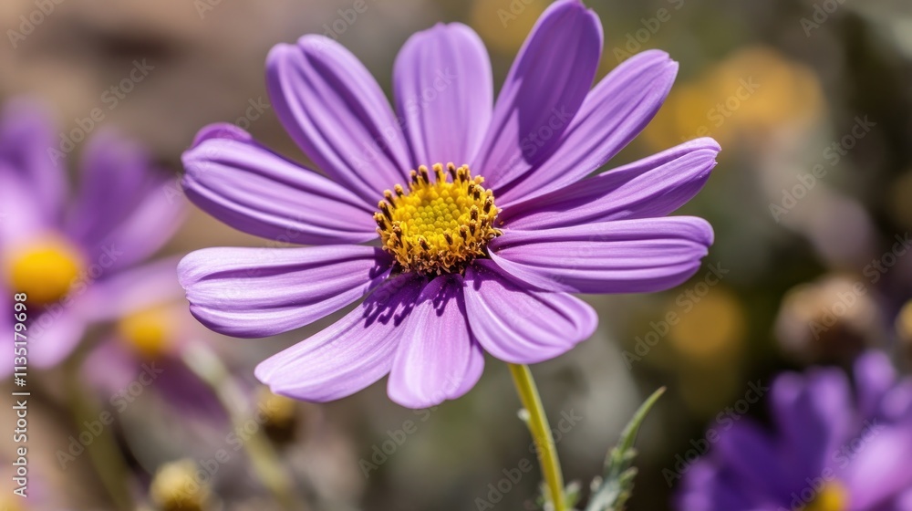 A single purple flower blooms brightly in sunlight A single purple flower blooms brightly in sunlight