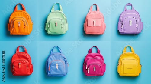 Colorful School Backpacks Arranged in a Flat Lay Style. AI generated illustration