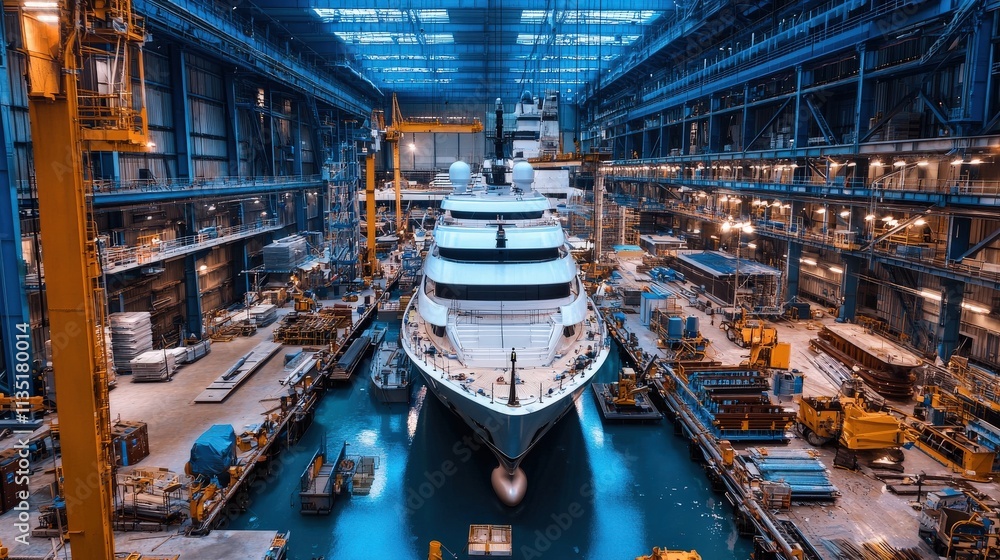 Large yachts under construction in a brightly lit shipyard with vibrant blue highlights, Large yachts under construction in a brightly lit shipyard with vibrant blue highlights,
