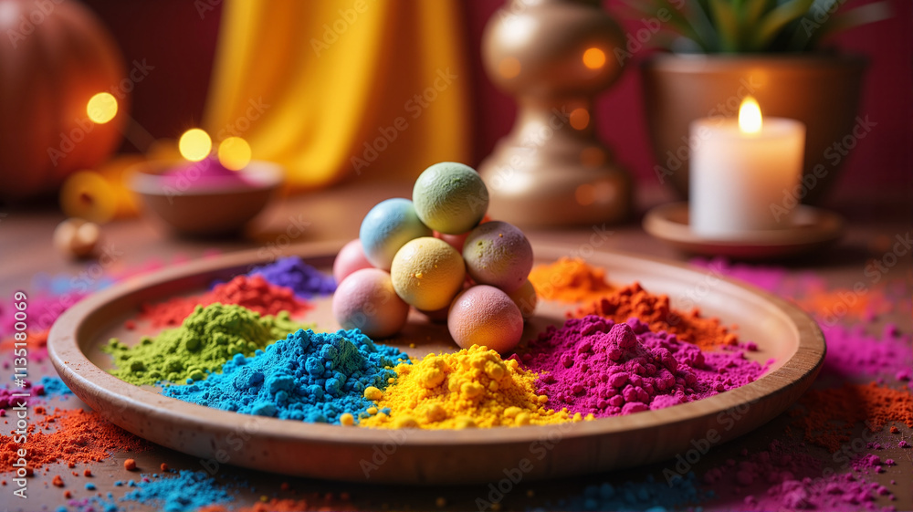 Plate of colorful Holi powders with candles on a festive table indoors Plate of colorful Holi powders with candles on a festive table indoors