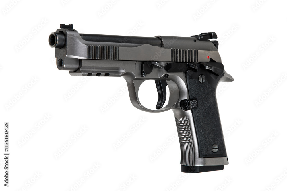 A semi-automatic handgun with a black grip and a silver slide, isolated on a white background. A semi-automatic handgun with a black grip and a silver slide, isolated on a white background.
