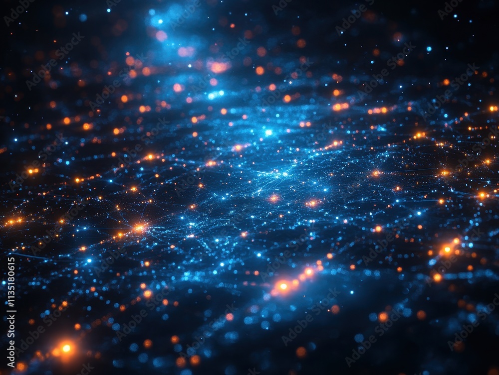 Abstract Network of Glowing Lights on Dark Background, Representing Data Connection and Technology Abstract Network of Glowing Lights on Dark Background, Representing Data Connection and Technology