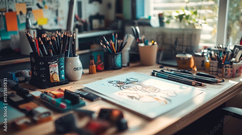 Artist's Desk with Drawing Tools and Colorful Sketches. AI generated illustration Artist's Desk with Drawing Tools and Colorful Sketches. AI generated illustration