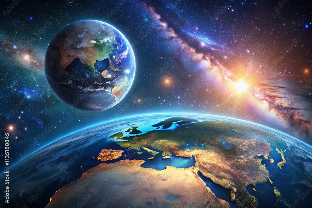 Obraz premium Stunning Portrait of a 3D Earth Planet Surrounded by a Glowing Moon in Space, Capturing the Beauty of Our Solar System’s Celestial Bodies, Perfect for Educational and Artistic Uses
