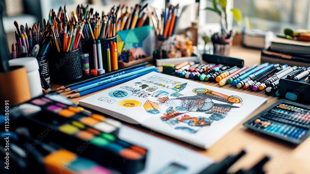 Artist's Desk with Drawing Tools and Colorful Sketches. AI generated illustration Artist's Desk with Drawing Tools and Colorful Sketches. AI generated illustration