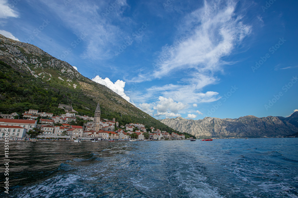 Perast traditional balkan village mountain landscape by kotor bay montenegro