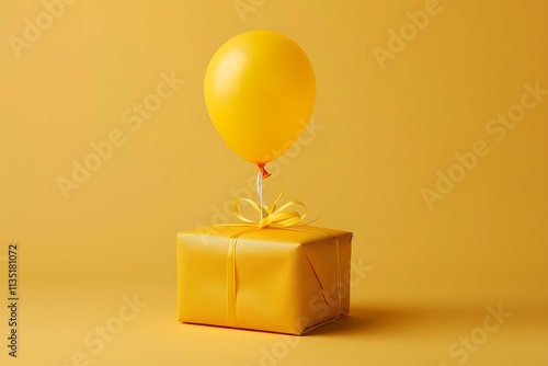 Cheerful Yellow Gift with Balloon on a Bright Background