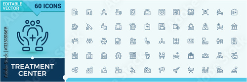 Treatment Center icon set. Featuring stethoscope, Hospital, heart, analysis, cure, pictogram. Minimal linear icons. Editable stroke. Vector illustration.
