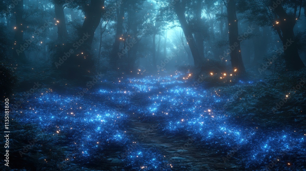 Enchanted Forest Path with Glowing Bioluminescent Flora at Night, Mystical Woodland Scene. Enchanted Forest Path with Glowing Bioluminescent Flora at Night, Mystical Woodland Scene.