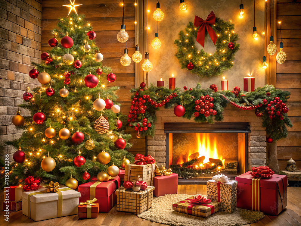 A Christmas scene featuring a fireplace with a warm fire, flanked by two decorated Christmas trees. A Christmas scene featuring a fireplace with a warm fire, flanked by two decorated Christmas trees.
