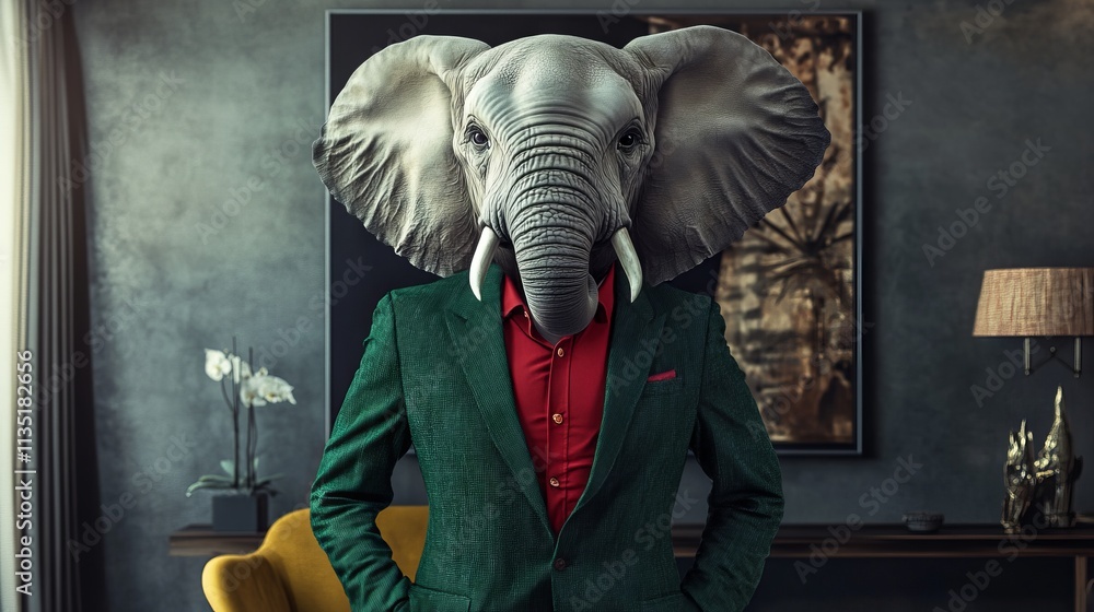 Elephant in Green Suit and Red Shirt. AI generated illustration