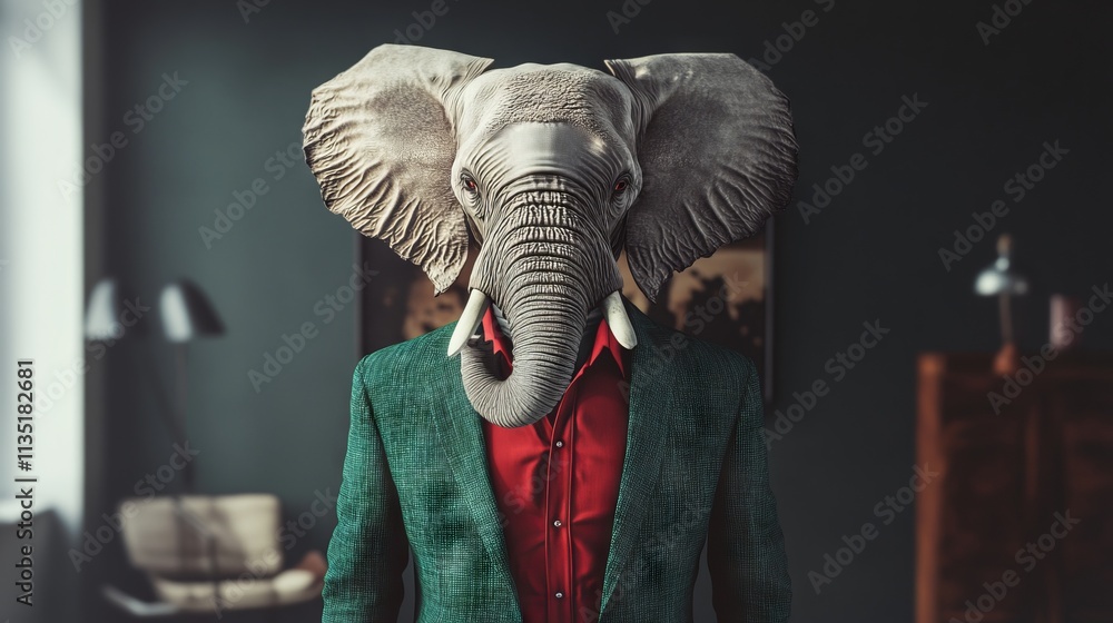Elephant in Green Suit and Red Shirt. AI generated illustration