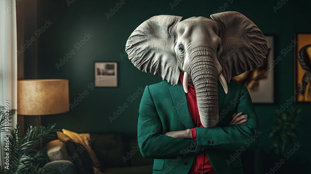 Elephant in Green Suit and Red Shirt. AI generated illustration