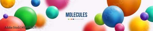 Colorful flying spheres banner. Science colorful 3d molecules on white background. Vector illustration. Design layout business presentation, medical flyer, poster. Molecule spherical particles vitamin