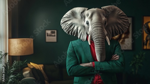 Obraz na płótnie Elephant in Green Suit and Red Shirt. AI generated illustration w salonie