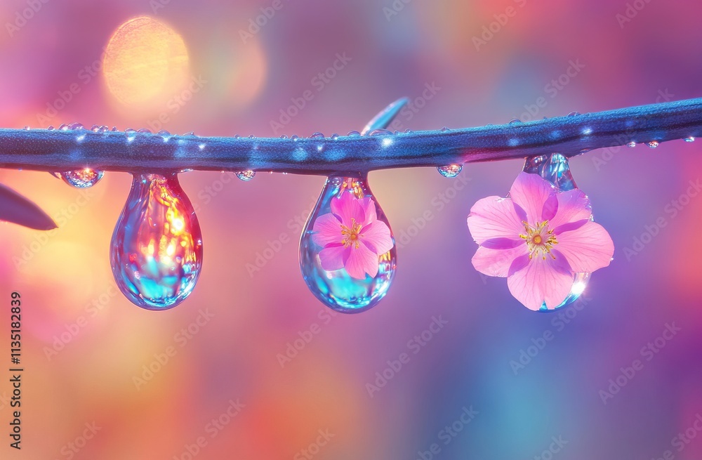 Dew Drops with Pink Flowers on Olive Branch. AI generated illustration