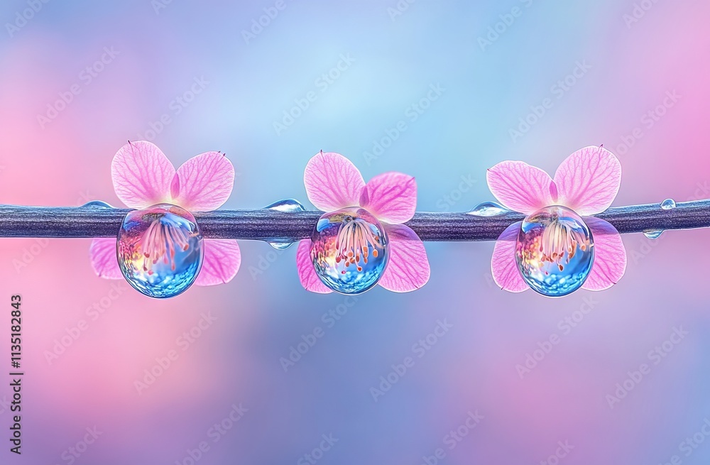 Dew Drops with Pink Flowers on Olive Branch. AI generated illustration