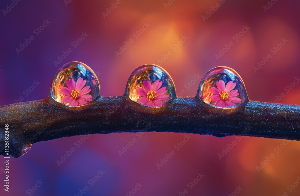 Dew Drops with Pink Flowers on Olive Branch. AI generated illustration