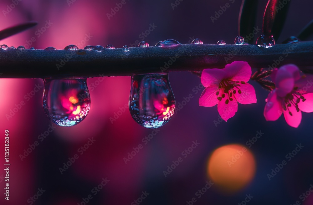Dew Drops with Pink Flowers on Olive Branch. AI generated illustration