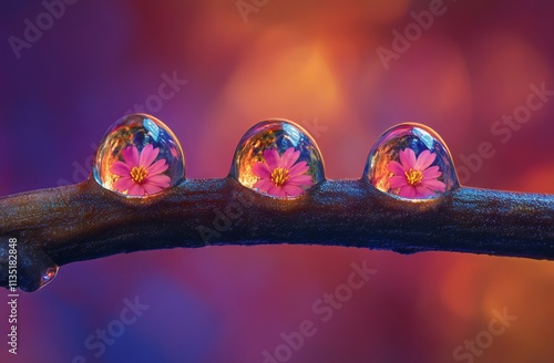 Obraz na płótnie Dew Drops with Pink Flowers on Olive Branch. AI generated illustration w salonie