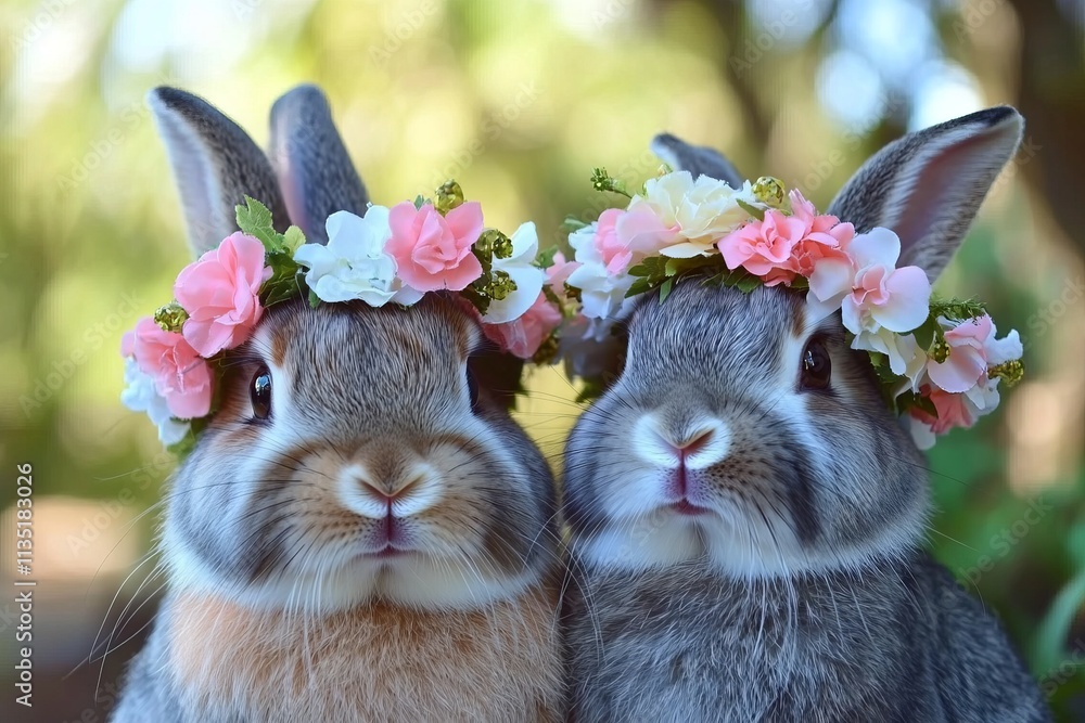 Two adorable rabbits with flower crowns in a vibrant garden setting, celebrating Easter. AI generated illustration