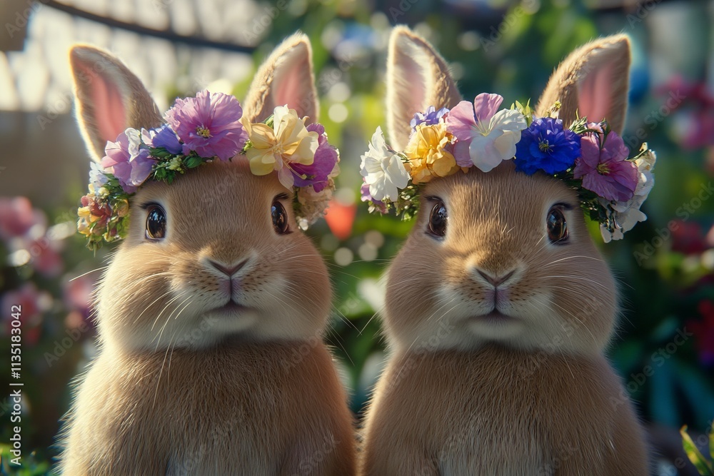 Two adorable rabbits with flower crowns in a vibrant garden setting, celebrating Easter. AI generated illustration
