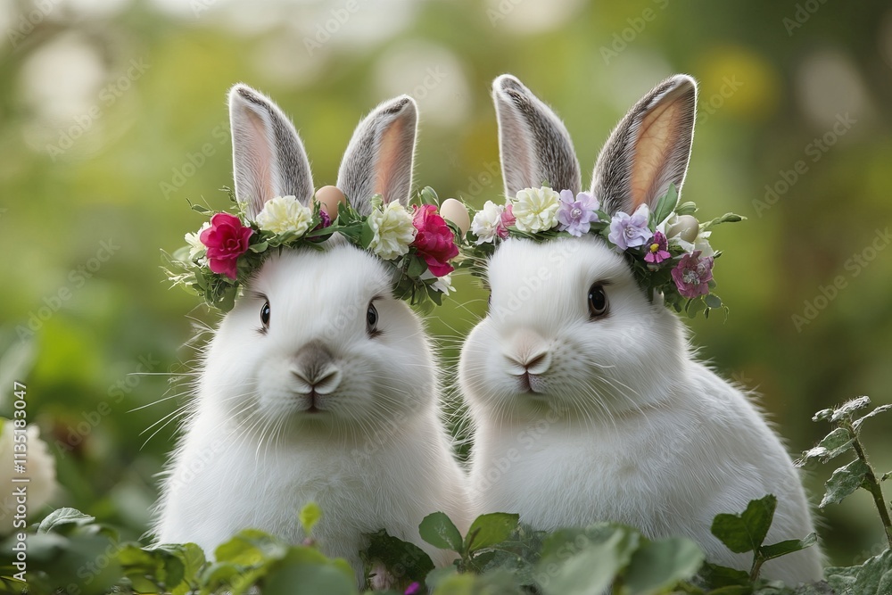Two adorable rabbits with flower crowns in a vibrant garden setting, celebrating Easter. AI generated illustration