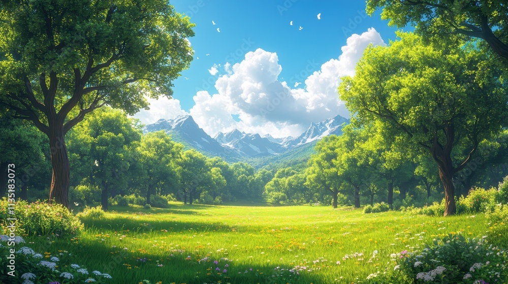 Obraz premium Scenic Mountain Meadow with Lush Green Trees and Blue Sky, Serene Natural Landscape.
