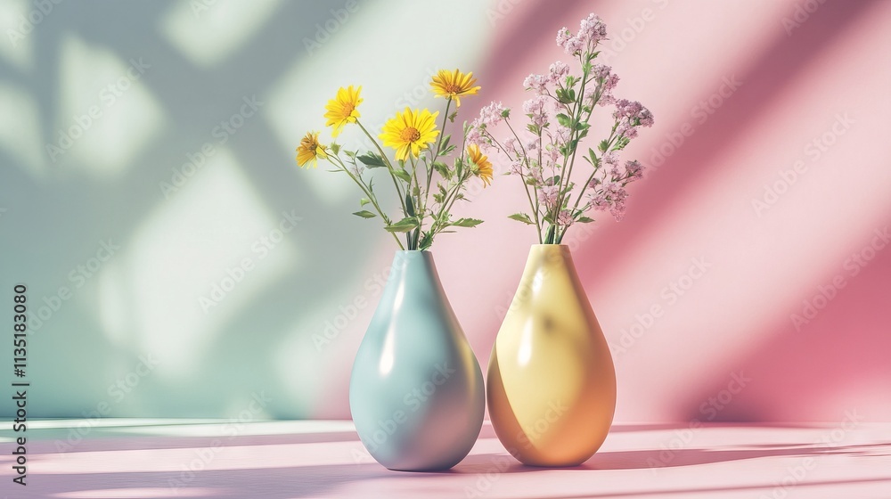 Two pastel vases with flowers on a minimalist table, casting soft shadows, set against a pastel background. AI generated illustration