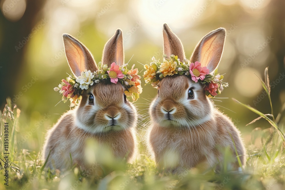 Two adorable rabbits with flower crowns in a vibrant garden setting, celebrating Easter. AI generated illustration