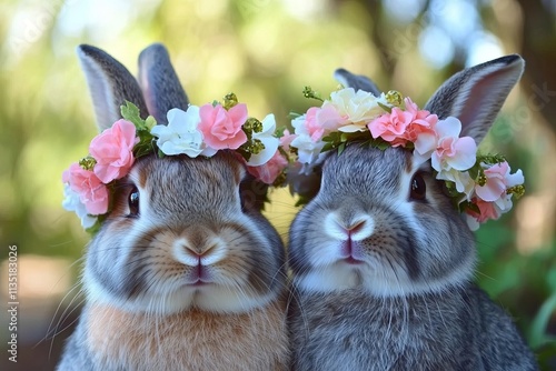 Obraz na płótnie Two adorable rabbits with flower crowns in a vibrant garden setting, celebrating Easter. AI generated illustration w salonie