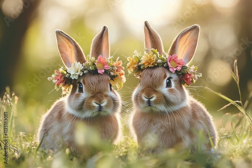 Obraz na płótnie Two adorable rabbits with flower crowns in a vibrant garden setting, celebrating Easter. AI generated illustration w salonie