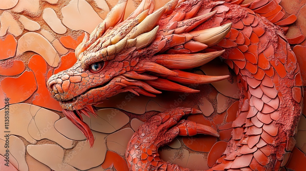 Hyper-realistic 3D relief dragon made of cracked red and orange clay on an abstract background. AI generated illustration