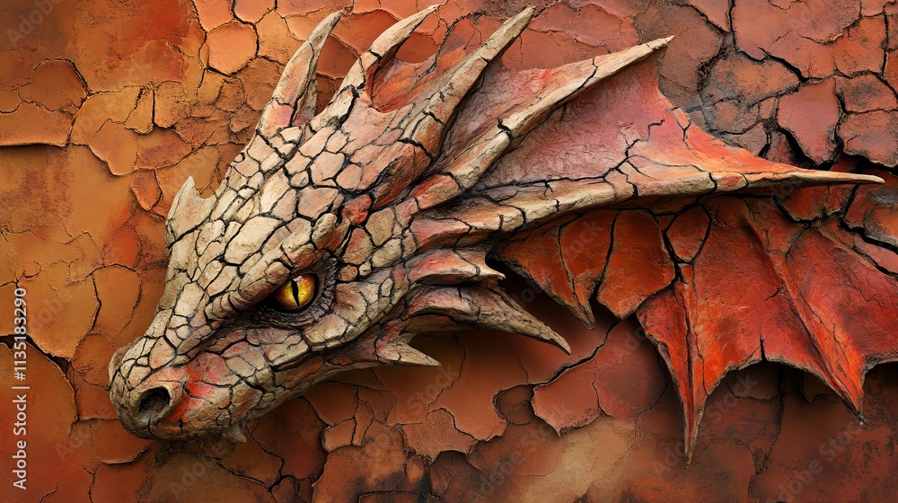 Hyper-realistic 3D relief dragon made of cracked red and orange clay on an abstract background. AI generated illustration