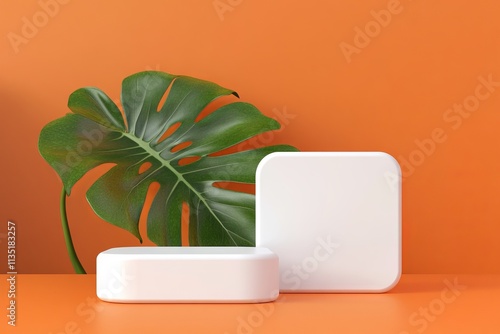 Minimalist podium mockup with white rounded boxes and green monstera leaf on orange background. AI generated illustration