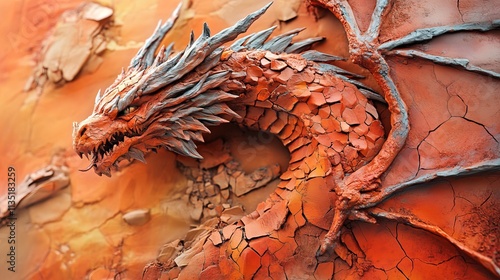 Hyper-realistic 3D relief dragon made of cracked red and orange clay on an abstract background. AI generated illustration