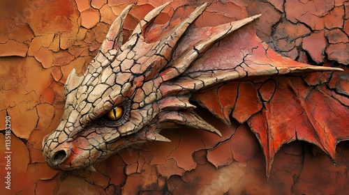 Obraz na płótnie Hyper-realistic 3D relief dragon made of cracked red and orange clay on an abstract background. AI generated illustration w salonie