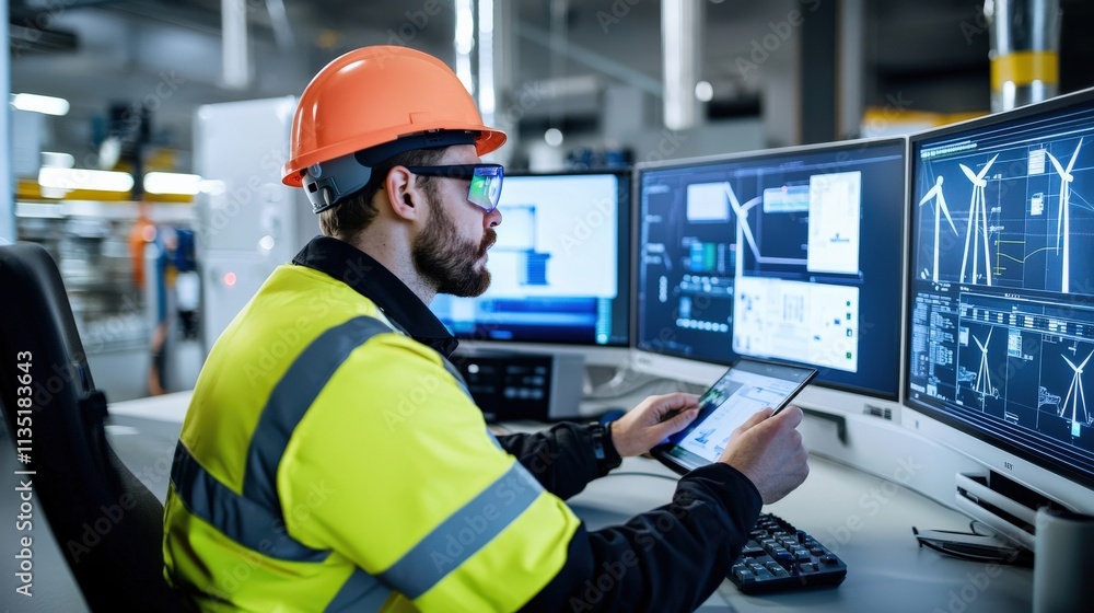 An engineer using an augmented reality interface to analyze wind turbines in a control room An engineer using an augmented reality interface to analyze wind turbines in a control room