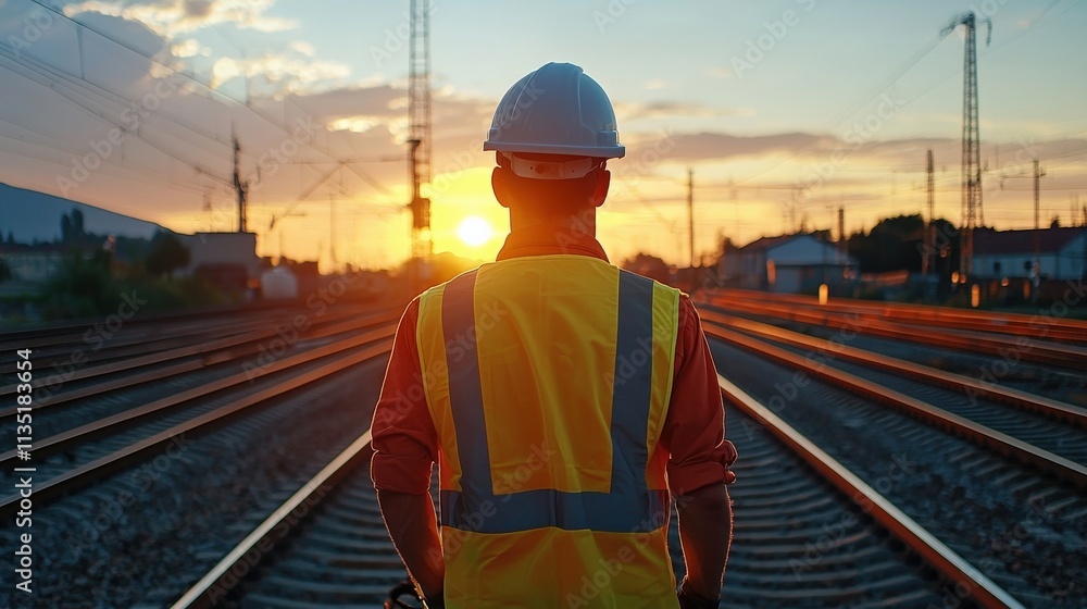 An engineer wearing a hard hat and safety vest standing on railway tracks during sunset An engineer wearing a hard hat and safety vest standing on railway tracks during sunset