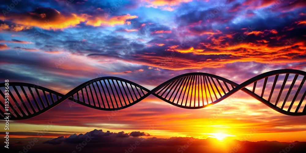 Obraz premium Stunning Silhouette Photography of a DNA Strand Against a Beautiful Sunset Sky, Capturing the Essence of Life's Building Blocks with Artistic Flair and Intriguing Depth