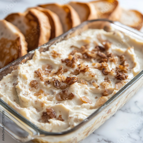 Traditional Polish lard spread (smalec) garnished with crispy onions, served in a glass dish with toasted bread slices on a marble countertop photo