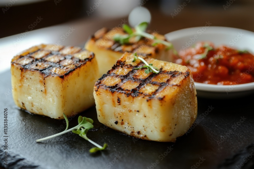 Grilled Queijo Coalho Cheese with Sweet and Spicy Sauce Artfully Presented on a Simple Black Stone Plate Grilled Queijo Coalho Cheese with Sweet and Spicy Sauce Artfully Presented on a Simple Black Stone Plate
