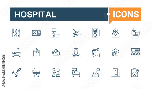 Hospital icons set in line style. Includes thin line hospital, diagnosis, glyph, card, science. Perfect for logos and infographics. Editable stroke. Vector illustration.
