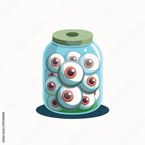 Green eyes in jars with and without liquid. Eyes in jars isolated on a white background.