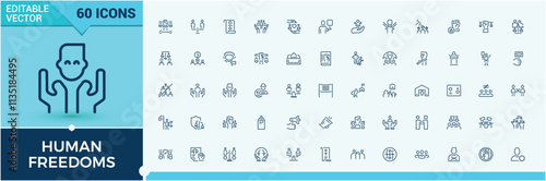 Human Freedoms icon set. Contains related to faith, court, rights, tolerance, man, protection, freedom, work. Outline icon collections. Editable vector stroke.