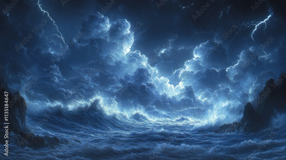 Fototapeta premium A dramatic seascape depicting turbulent waves and stormy clouds illuminated by lightning.