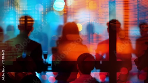 A defocused glimpse into a highlevel meeting reveals a mix of blurry faces. photo