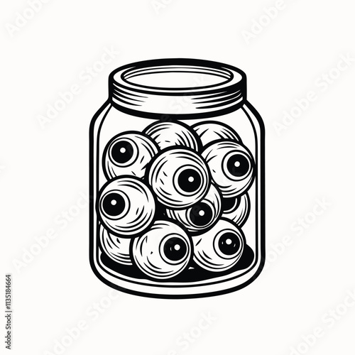 eyeballs in a large glass jar covered with paper outlined for coloring page on white background