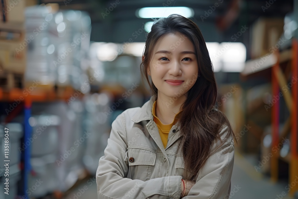 Confident Young Woman Smiling in a Warehouse Setting Confident Young Woman Smiling in a Warehouse Setting