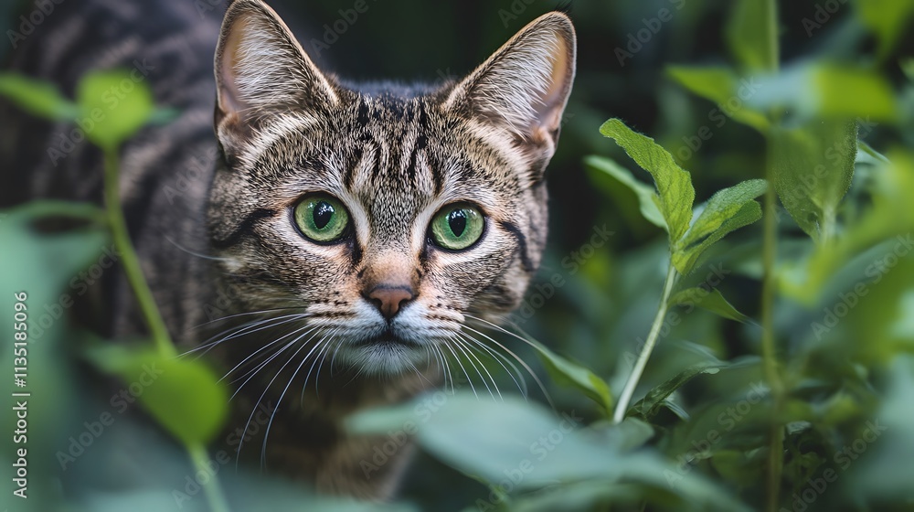 Mysterious cat with striking green eyes hides among lush foliage in afternoon light Mysterious cat with striking green eyes hides among lush foliage in afternoon light